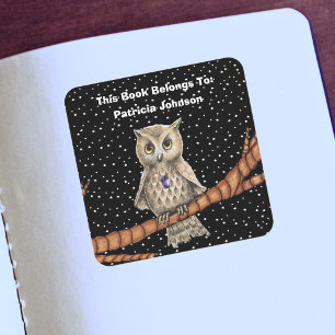 Pretty Brown Owl Golden eyes Branch Purple Crystal Square Sticker