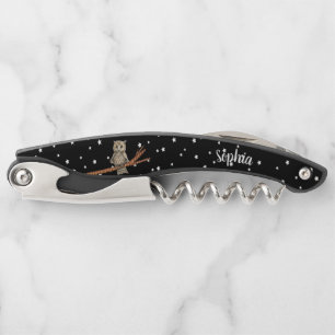 Pretty Brown Owl on Branch Black Sky White Stars Corkscrew