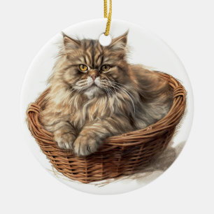 PRETTY BROWN TABBY PERSIAN CAT IN CAT BED CERAMIC TREE DECORATION