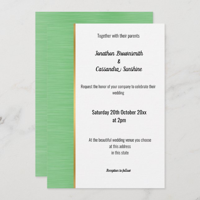 PRETTY BRUSHED GREEN GOLD TRIM INVITATION (Front/Back)
