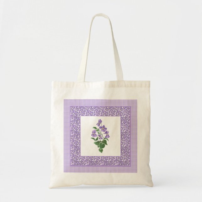 Pretty Budget Tote Bag: Violets and Gingham (Front)