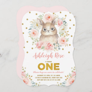 Pretty Bunny 1st Birthday Blush Pink Gold Floral Invitation