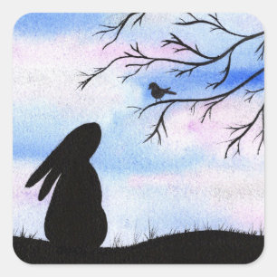 Pretty Bunny & Bird Watercolour Silhouette Square Sticker