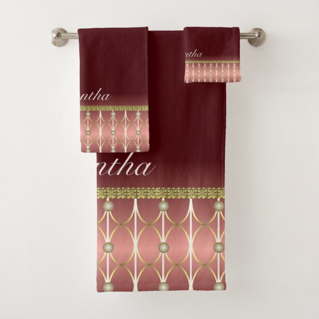Pretty Burgundy And Gold Geometric Patterned Bath Towel Set (Insitu)