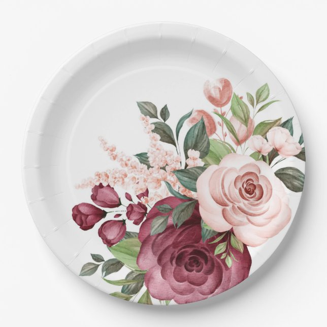 Pretty Burgundy and Pink Watercolor Flowers  Paper Plate (Front)