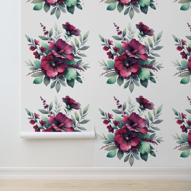 Pretty Burgundy Flowers and Sage Green Foliage  Wallpaper (Application)