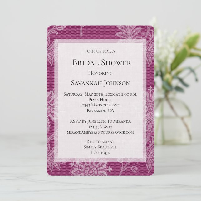 Pretty Burgundy Pink Lace Floral Bridal Shower Invitation (Standing Front)