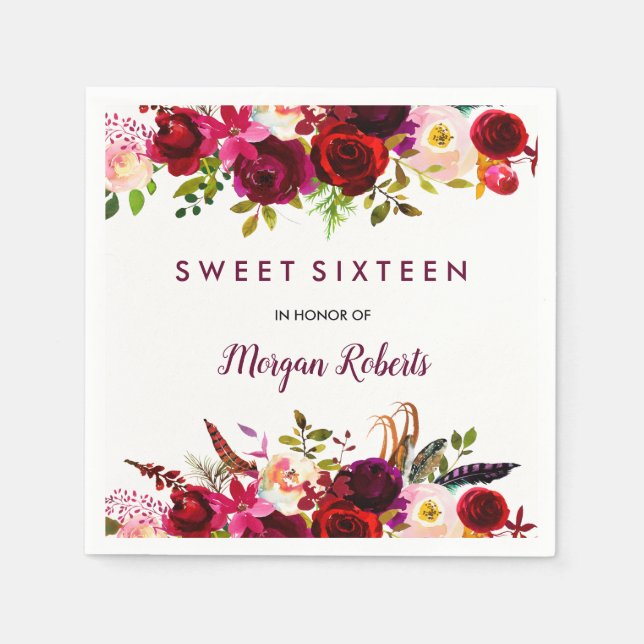 Pretty Burgundy Red Floral Sweet 16 Napkin (Front)