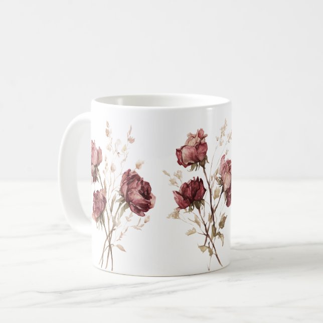 Pretty Burgundy Red Flowers Coffee Mug (Front Left)