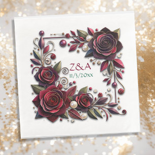 Pretty Burgundy Roses Floral Monogrammed Napkin