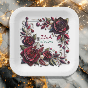 Pretty Burgundy Roses Floral Monogrammed Paper Plate