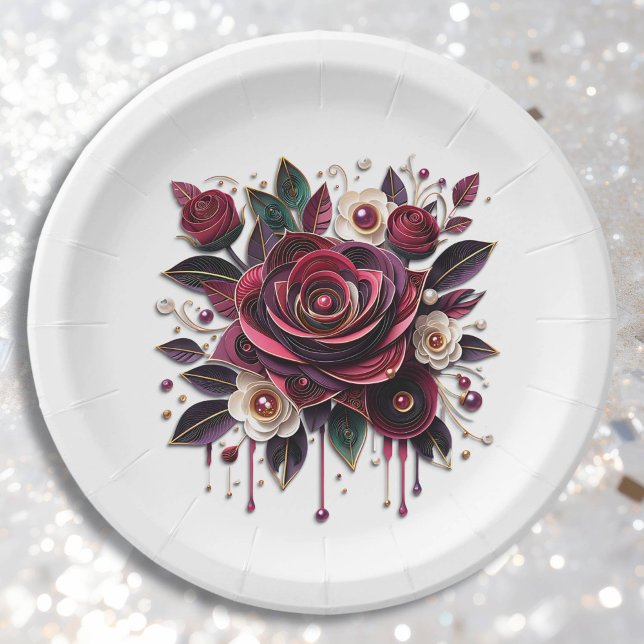 Pretty Burgundy Roses Floral Paper Plate (Creator Uploaded)