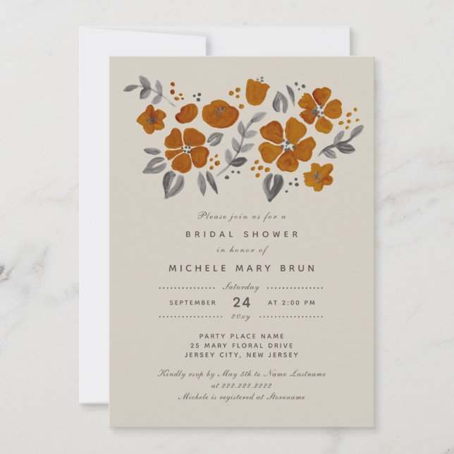 Pretty Burnt Orange Rust Floral Bridal Shower Invitation (Front)