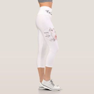 Pretty But Savage White Cat & Pink Rose Floral Leg Capri Leggings