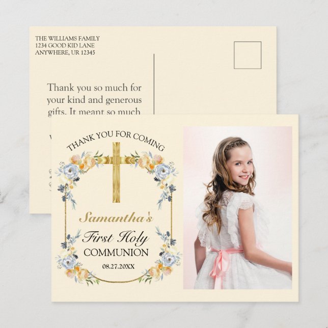 Pretty Buttercream Floral Holy Communion Thank You Postcard (Front/Back)