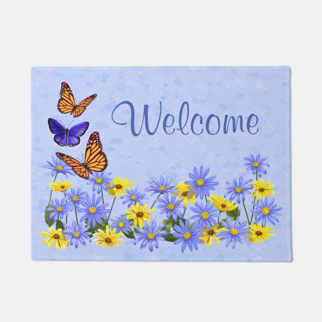 Pretty Butterflies and Daisies Spring Garden Doormat (Front)