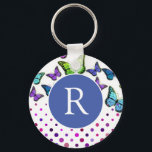 Pretty Butterflies and Dots Monogram Key Ring<br><div class="desc">Monogrammed keychain with pretty butterflies and dots design in blues,  green and purple.</div>