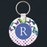 Pretty Butterflies and Dots Monogram Key Ring<br><div class="desc">Monogrammed keychain with pretty butterflies and dots design in blues,  green and purple.</div>