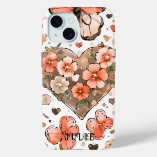 Pretty Butterflies, Hearts and Flowers Custom Name iPhone 15 Case
