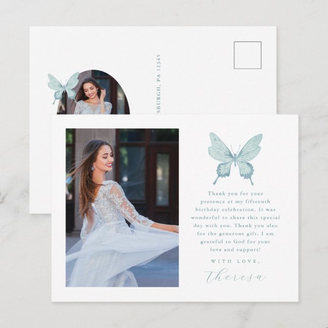 Pretty Butterfly Blue Photo Quinceanera Thank You Postcard (Front/Back)