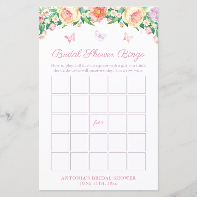 Pretty Butterfly Garden Bridal Shower Bingo Game (Front)