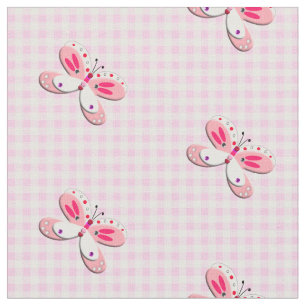 Pretty Butterfly Gingham Plaid Pink White Fabric