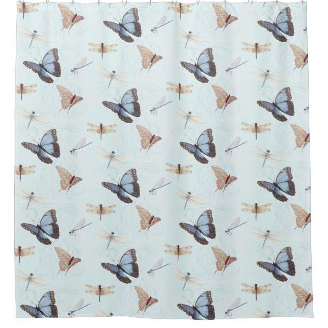 Pretty Butterfly n Dragonfly Swirl Scroll Painting Shower Curtain (Front)