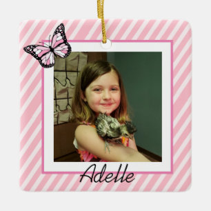 Pretty Butterfly Pink Girl's Photo Christmas Ceramic Ornament
