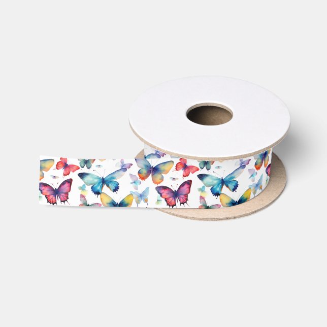 Pretty Butterfly Watercolor Colourful Pattern Satin Ribbon (Spool)