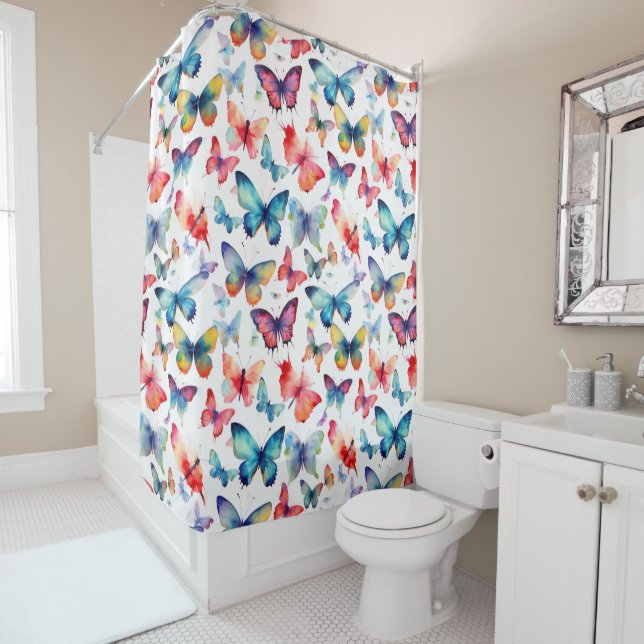 Pretty Butterfly Watercolor Pattern Shower Curtain (In Situ)