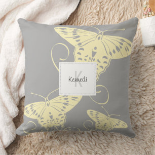 Pretty Butterfly Yellow On Grey Pattern Cushion