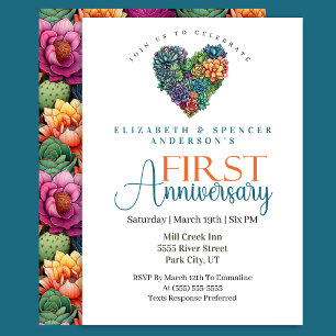 Pretty Cactus Heart 1st Wedding Anniversary Invitation