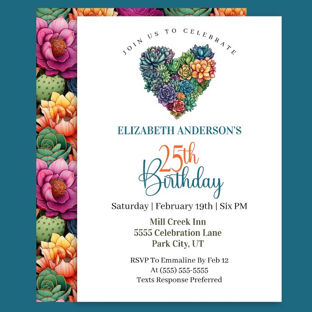 Pretty Cactus Heart 25th Birthday Invitation (Creator Uploaded)
