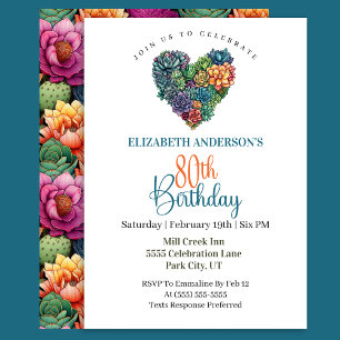 Pretty Cactus Heart 80th Birthday Invitation