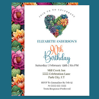 Pretty Cactus Heart 90th Birthday Invitation