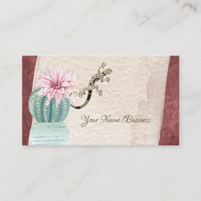 Pretty Cactus with Flower and Gecko Southwestern Business Card (Front)