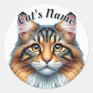 Pretty Calico Long-Haired Cat plus Name Classic Round Sticker
