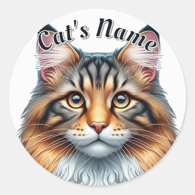 Pretty Calico Long-Haired Cat plus Name Classic Round Sticker (Front)