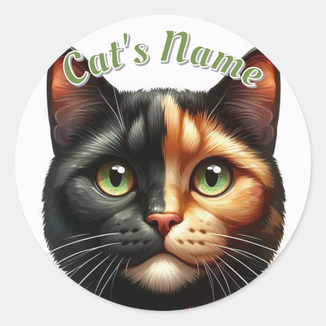 Pretty Calico Shorthaired Cat plus Name Classic Round Sticker (Front)