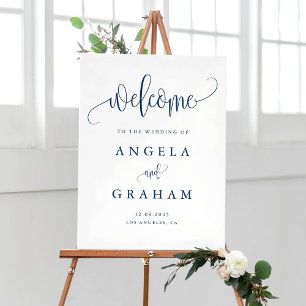 Pretty Calligraphy Navy Blue Wedding Welcome Poster