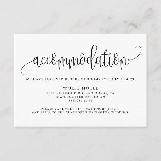 Pretty Calligraphy Script Black Accommodations Enclosure Card (Front)