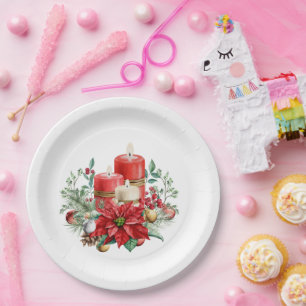 Pretty Candles and Poinsettia Bouquet Christmas Paper Plate
