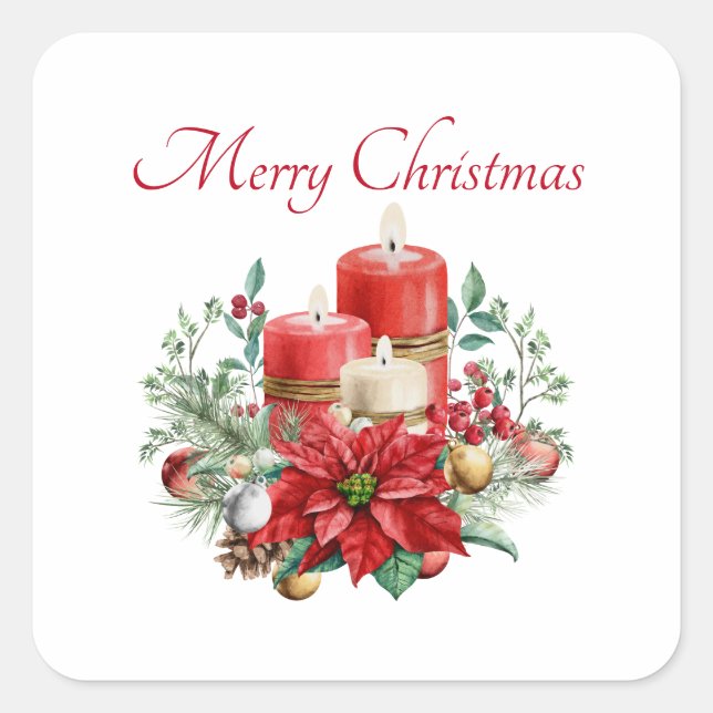 Pretty Candles and Poinsettia Bouquet Christmas Square Sticker (Front)