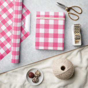 Pretty Candy Pink And White Buffalo Plaid Wrapping Paper