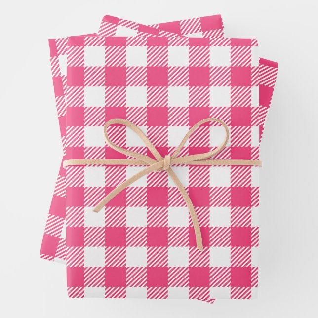 Pretty Candy Pink And White Buffalo Plaid  Wrapping Paper Sheet (In situ)