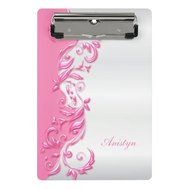 Pretty Candy Pink Ornate on White Satin Design Mini Clipboard (Front)