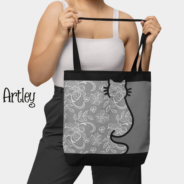 Pretty Cat Black and Grey Floral Lace Cut Out  Tote Bag (Creator Uploaded)