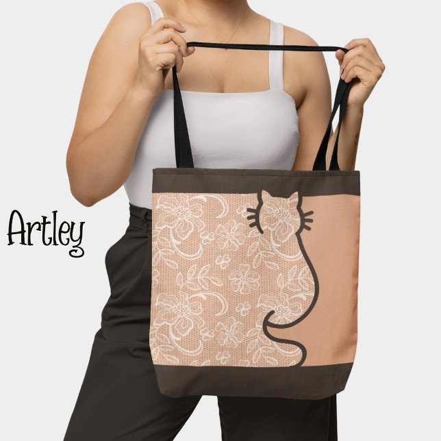 Pretty Cat Brown and Pink Floral Lace Cut Out  Tote Bag (Creator Uploaded)