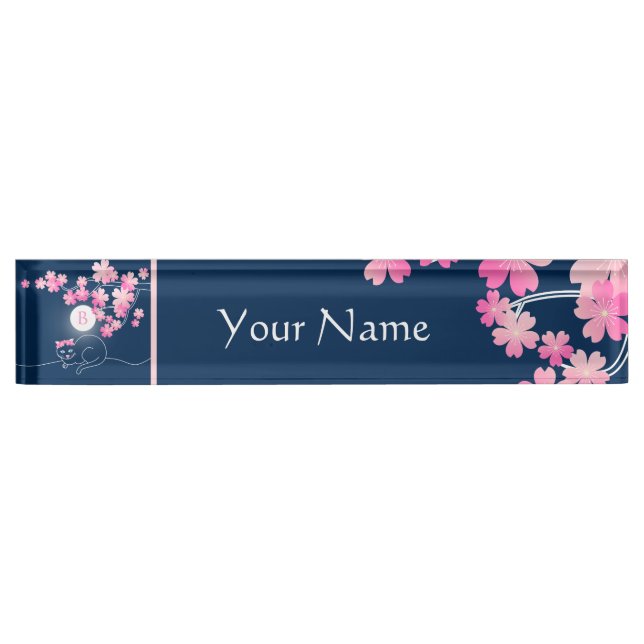 Pretty Cat Cherry Blossoms Moon Pink Sakura Blue Nameplate (Front)