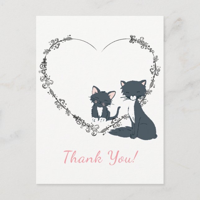 Pretty Cat, Kitten and Flower Heart Thank You Postcard (Front)